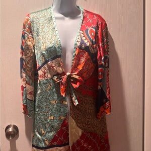 CAbi Teal and Brown Paisley Top